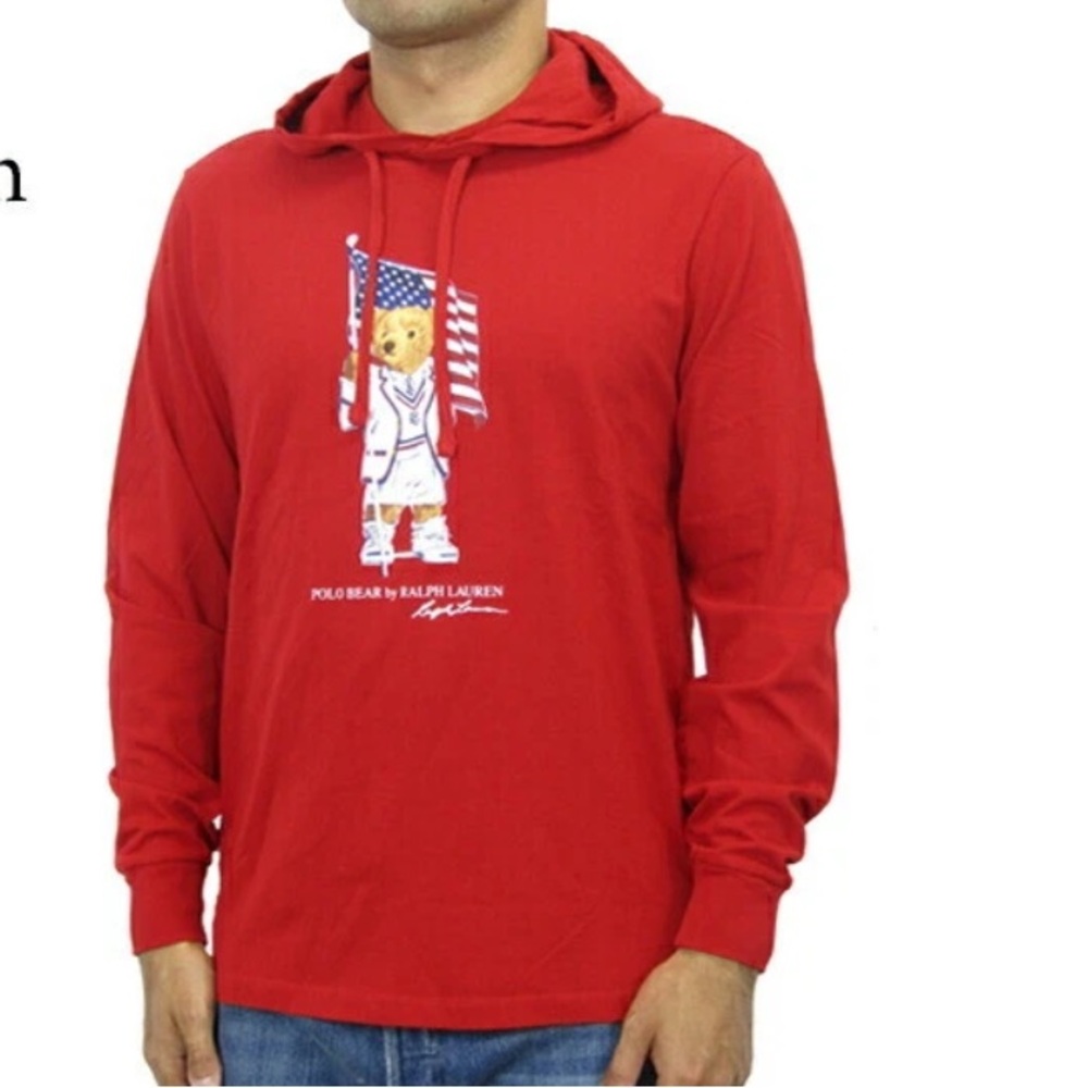 Polo Ralph Lauren Polo Bear Print Red Hooded Long Sleeve T-Shirt Size XL